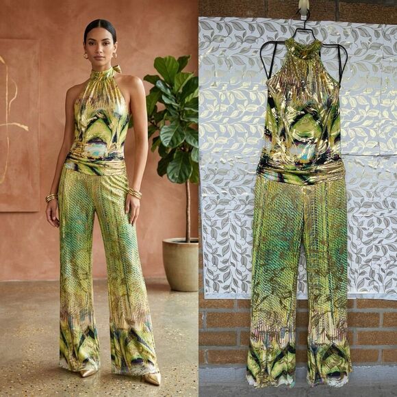 Va Va Voom Pants - VavaVoom Gold Metallic Halter Jumpsuit Green Y2K Cyber Glam Wide Leg Open Back M